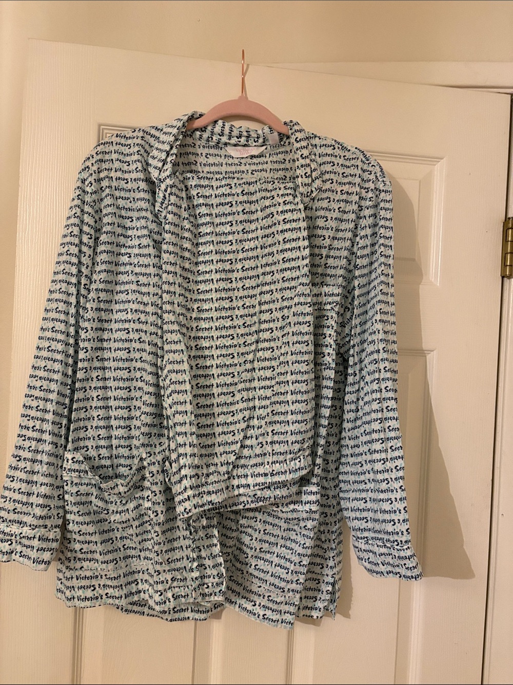 Victoria's Secret Light Blue and Navy Script Hooded Pajama Top